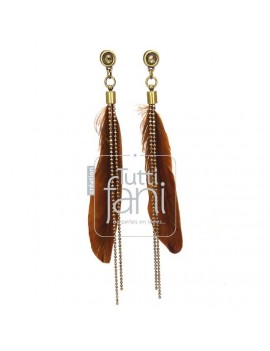 Boucles d'oreilles longues plumes marrons et chaine bronze