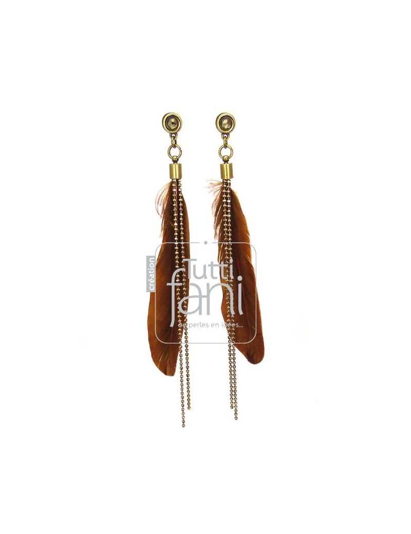 Boucles d'oreilles longues plumes marrons et chaine bronze