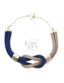 Collier nœud en cordes bleu-taupe