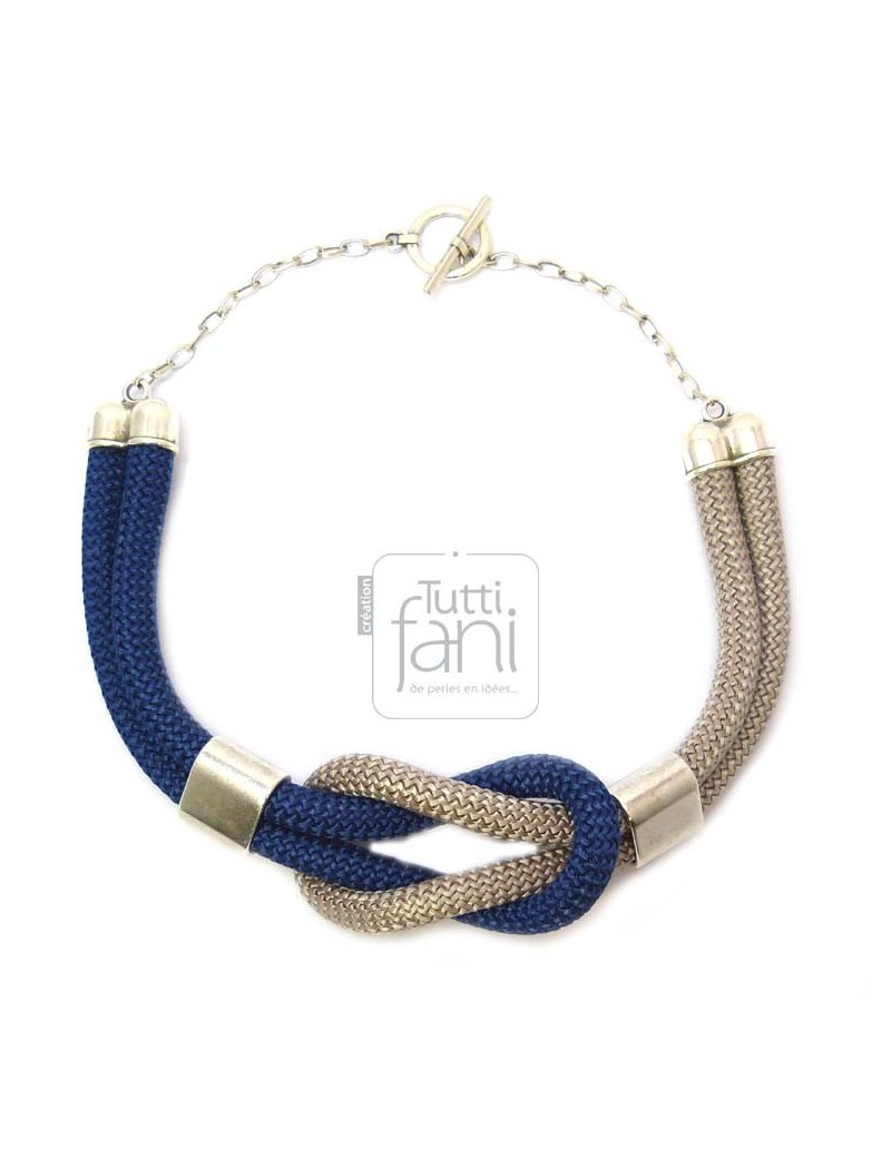 Collier nœud en cordes bleu-taupe