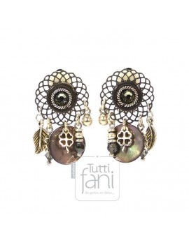 Boucles d'oreilles clips nacre grise et breloques