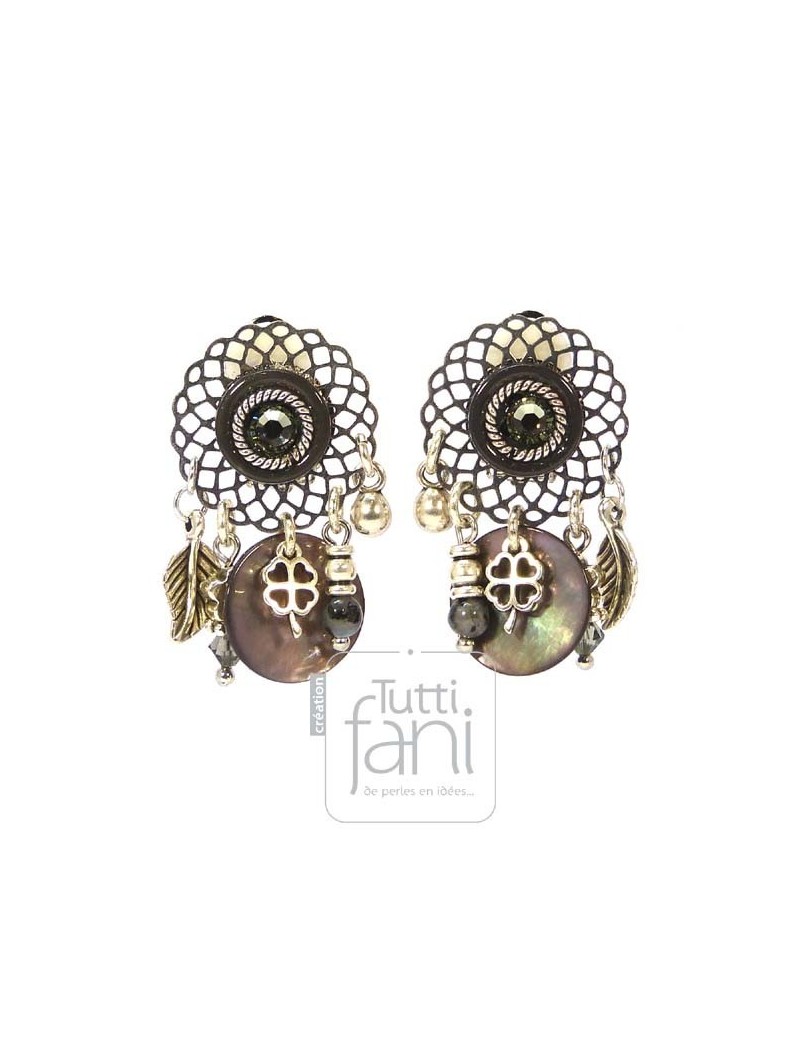 Boucles d'oreilles clips nacre grise et breloques