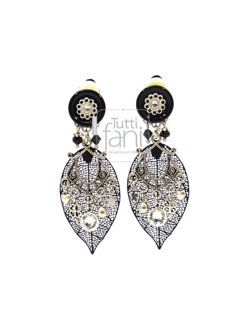 Boucles d'oreilles clips feuilles noires et breloques argentées