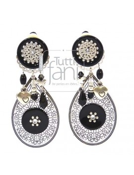 Boucles d'oreilles clips noires et estampes gouttes argentées