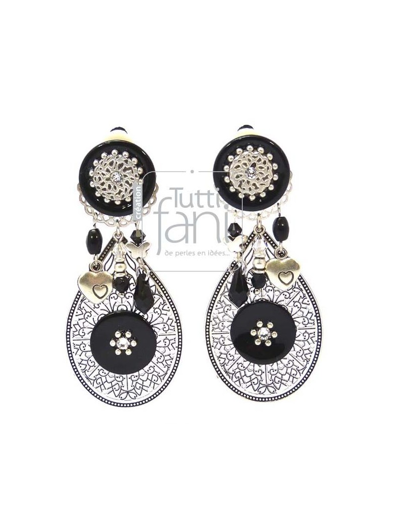 Boucles d'oreilles clips noires et estampes gouttes argentées