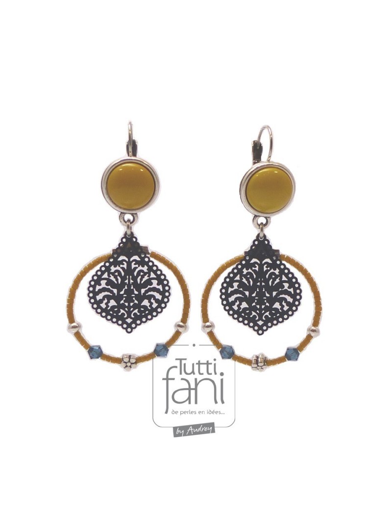 Boucles d'oreilles anneaux jaune et bleu marine