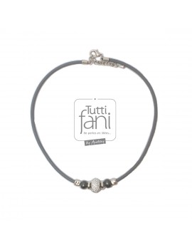 Collier perle strass, cuir gris