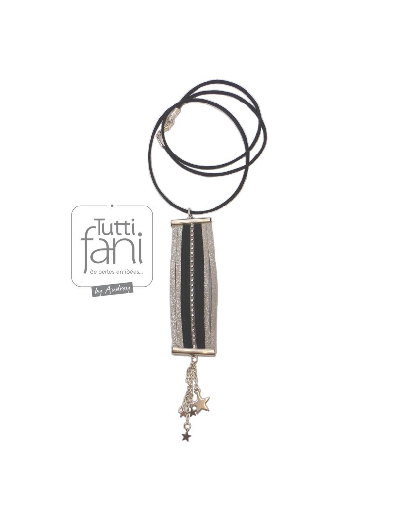 Sautoir pendentif en daim noir et gris