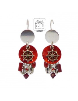 Boucles d'oreilles à breloques thème marin rouge et argenté