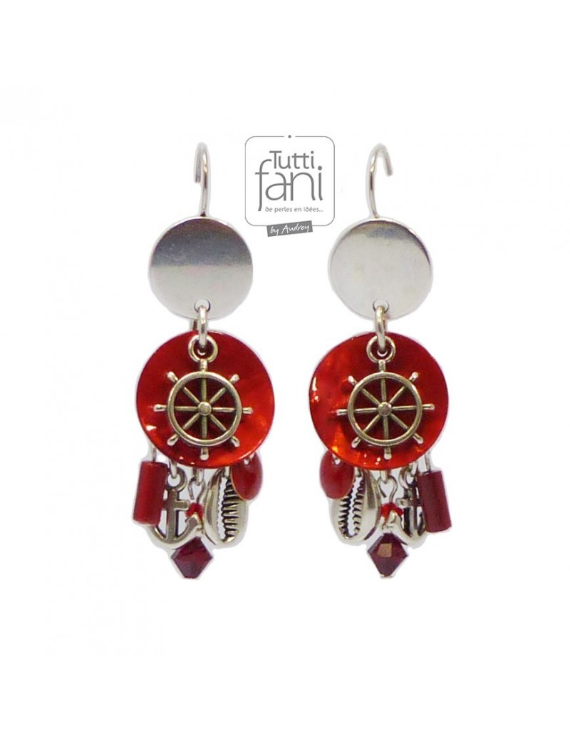 Boucles d'oreilles à breloques thème marin rouge et argenté