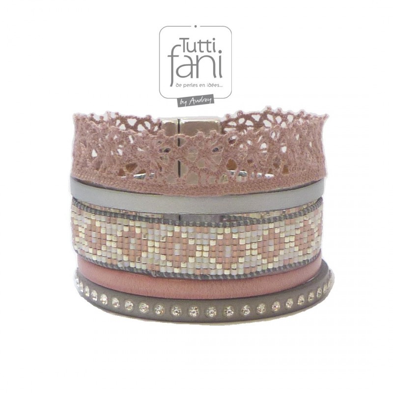 Bracelet manchette dentelle rose et gris