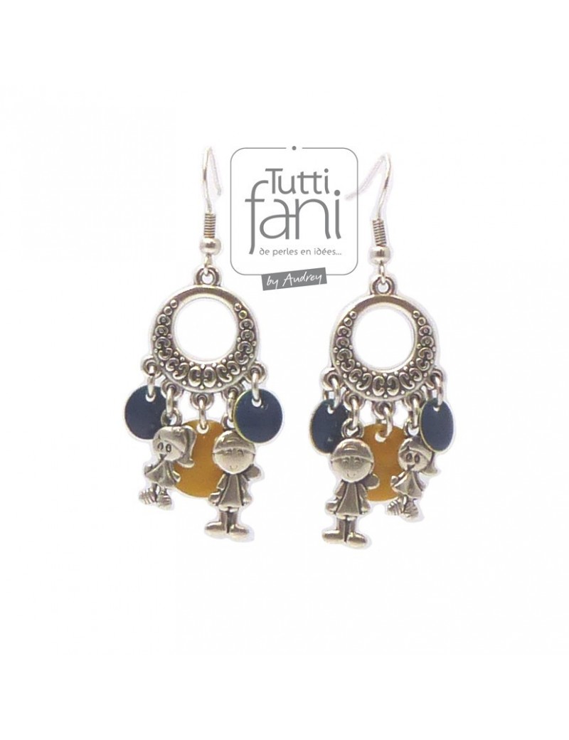 Boucles d'oreilles jaune et bleu petits personnages