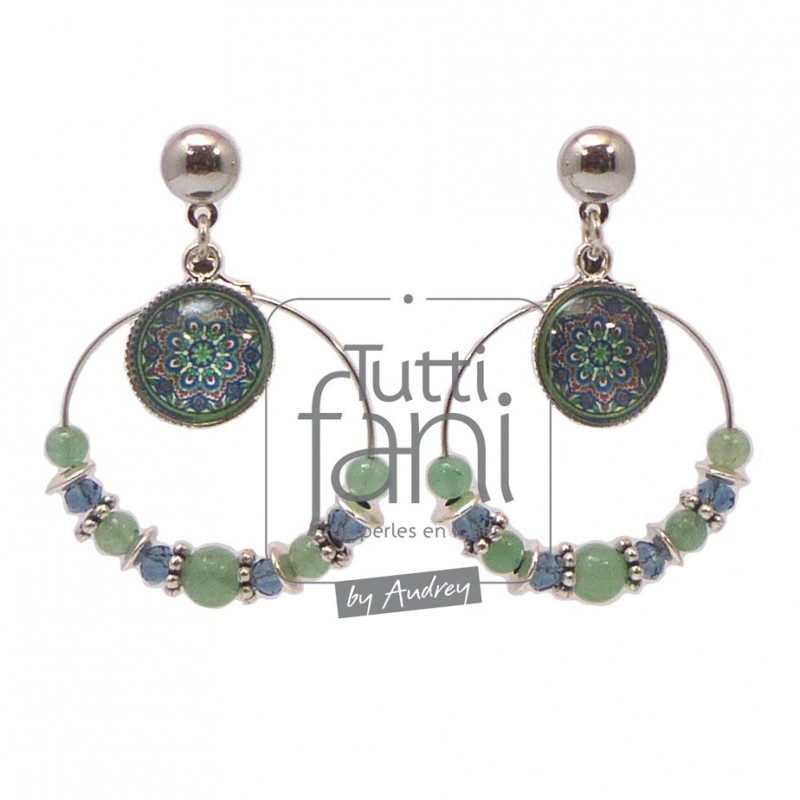 Boucles d'oreilles anneaux et cabochons bleu-vert