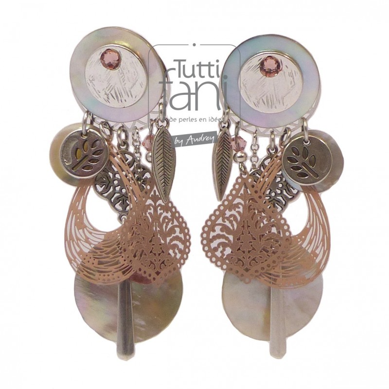 Boucles d'oreilles clips à breloques rose et nacre