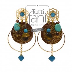 Boucles d'oreilles à breloques turquoise, marron et doré