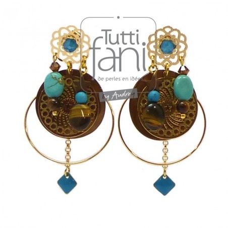 Boucles d'oreilles à breloques turquoise, marron et doré