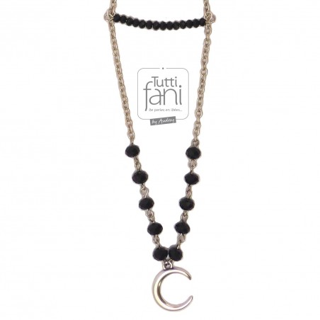 Sautoir chaine, perles noires et lune