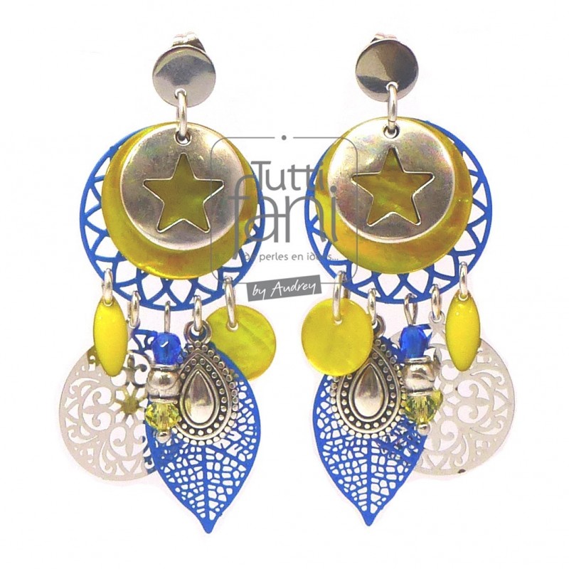 Boucles d'oreilles à breloques et estampes jaune-bleu électrique