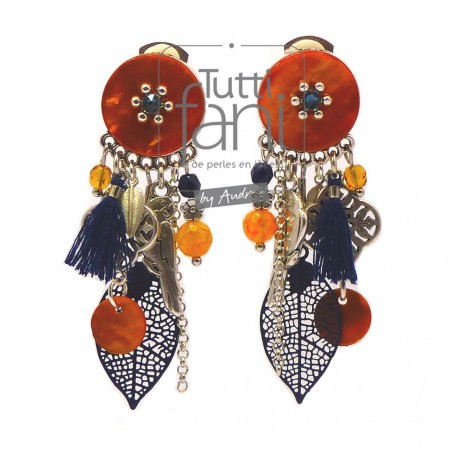Boucles d'oreilles clips à breloques bleu marine et orange